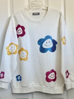 BLUE B Sweatshirt Sz S WhitePullover Embroidered Sequin Flower Smiley Faces NWOT